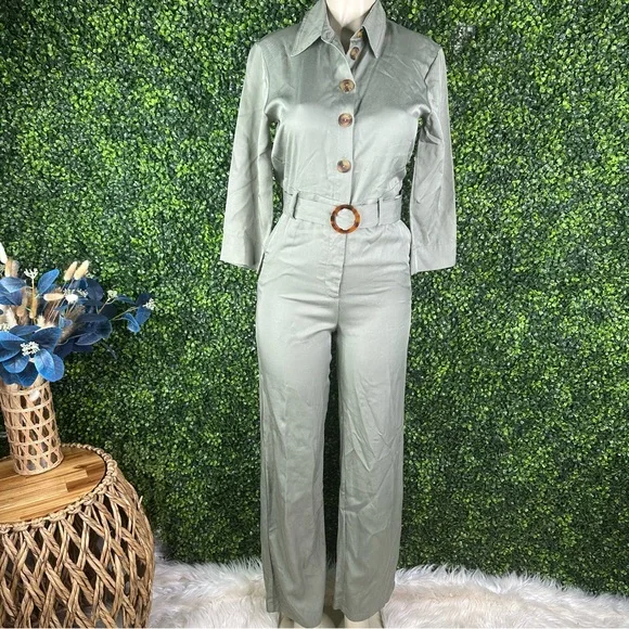 NWOT Anthropologie Bishop + Young  Green Belted wide‎ leg Jumpsuit - Picture 4 of 13